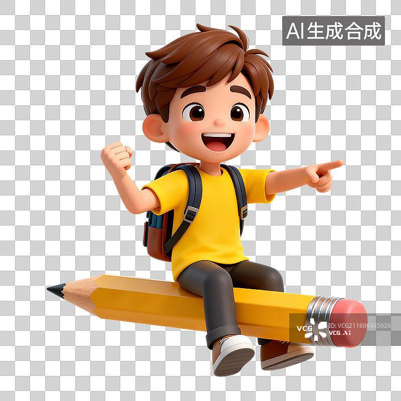 【AI数字艺术】3D渲染卡通人物，铅笔和儿童，中学生，小学生，学生，免抠元素图片素材