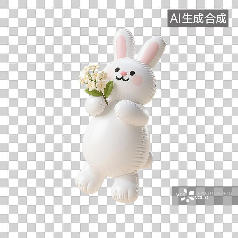 【AI数字艺术】3D渲染卡通动物，充气膨胀风格，可爱卡通小兔子，白兔拿着桂花，玉兔，中秋节，八月十五免抠素材图片素材