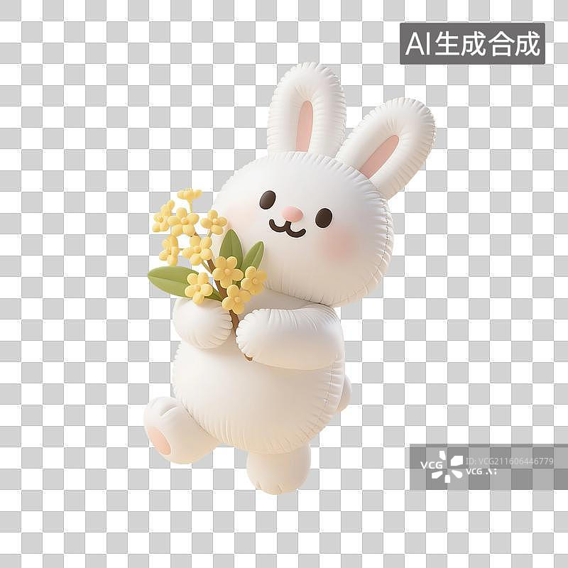 【AI数字艺术】3D渲染卡通动物，充气膨胀风格，可爱卡通小兔子，白兔拿着桂花，玉兔，中秋节，八月十五免抠素材图片素材