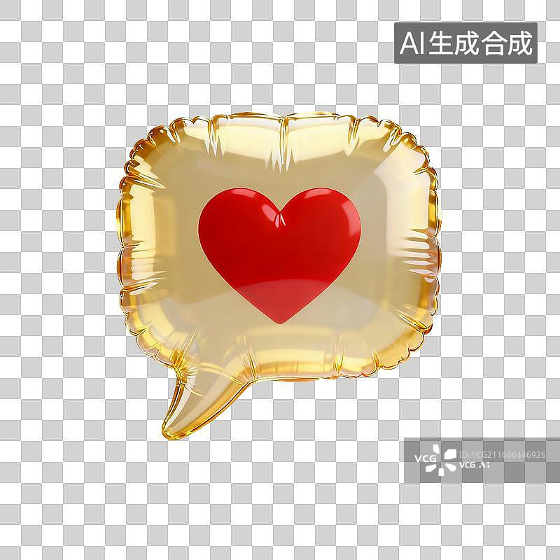 【AI数字艺术】3D渲染，充气膨胀风格，金色气泡对话框与爱心，沟通联系，七夕节，情人节，促销，免抠元素图片素材