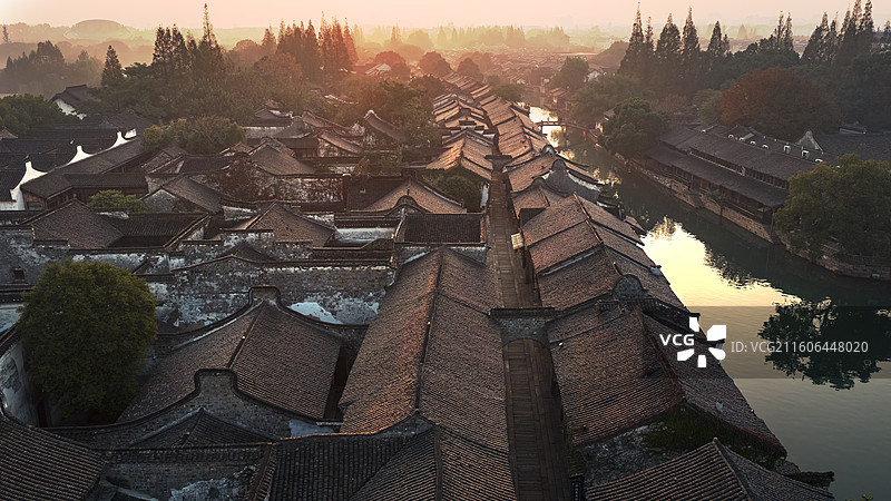 浙江乌镇日出秋季风景图片素材