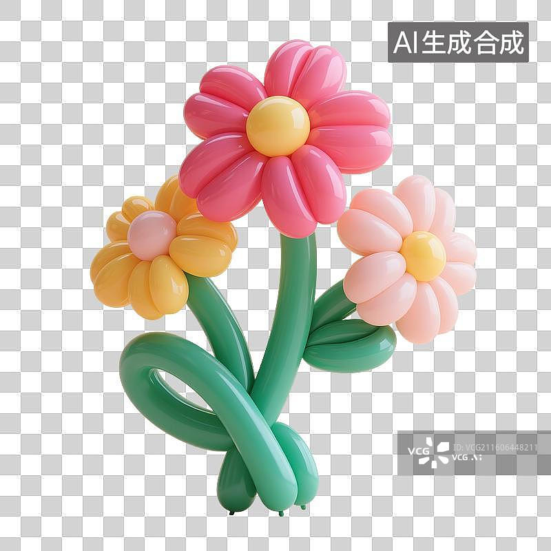 【AI数字艺术】3D渲染，充气膨胀风格，气球，太阳花，彩色花朵，，可爱的卡通植物花卉免抠元素图片素材