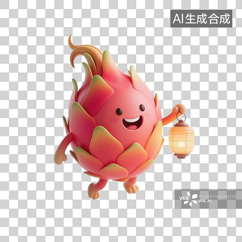 【AI数字艺术】3D渲染，卡通火龙果，拟人火龙果，夏天，一个新鲜水果，食材，免抠元素图片素材