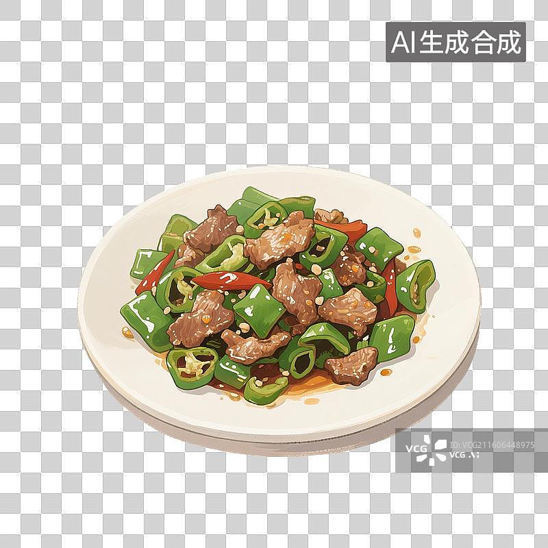 【AI数字艺术】手绘插画，家常菜，下饭菜，青椒炒肉，青椒炒肉片，青椒，猪肉，炒菜，免抠元素图片素材