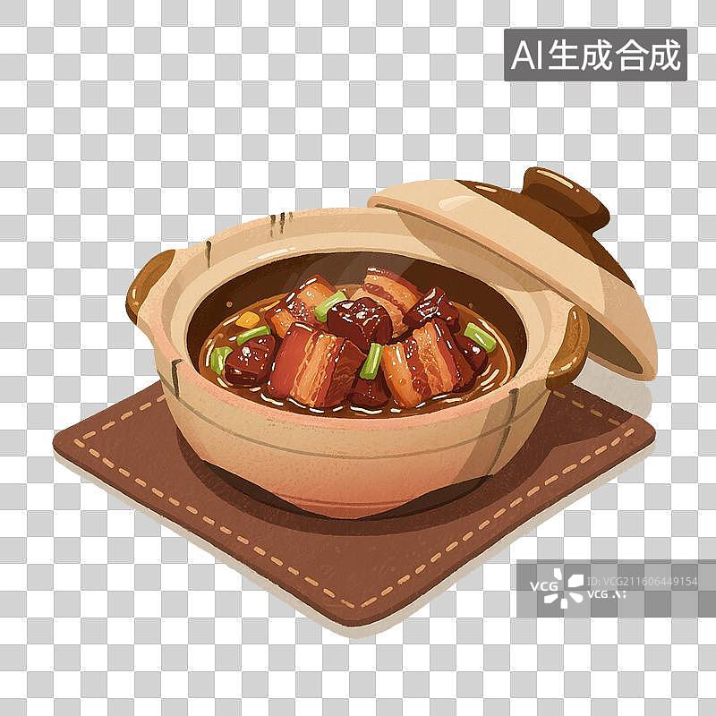 【AI数字艺术】手绘插画，家常菜，下饭菜，东坡肉，五花肉，红烧肉，猪肉，砂锅里的红烧肉，免抠元素图片素材