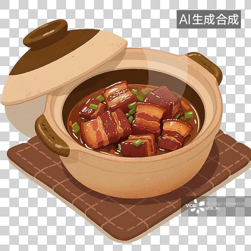 【AI数字艺术】手绘插画，家常菜，下饭菜，东坡肉，五花肉，红烧肉，猪肉，砂锅里的红烧肉，免抠元素图片素材