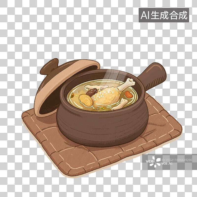 【AI数字艺术】手绘插画，家常菜，一锅鸡汤，免抠元素图片素材