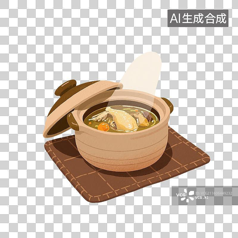 【AI数字艺术】手绘插画，家常菜，一锅鸡汤，免抠元素图片素材