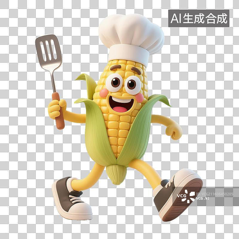 【AI数字艺术】3D渲染，卡通拟人玉米厨师，玉米，食品免抠元素图片素材