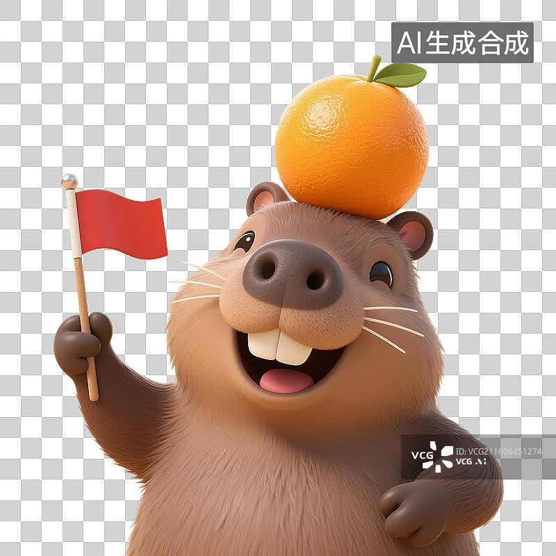 【AI数字艺术】3D渲染卡通动物，举着红色小旗的水豚，卡皮巴拉，啦啦队，加油，国庆节，免抠元素图片素材