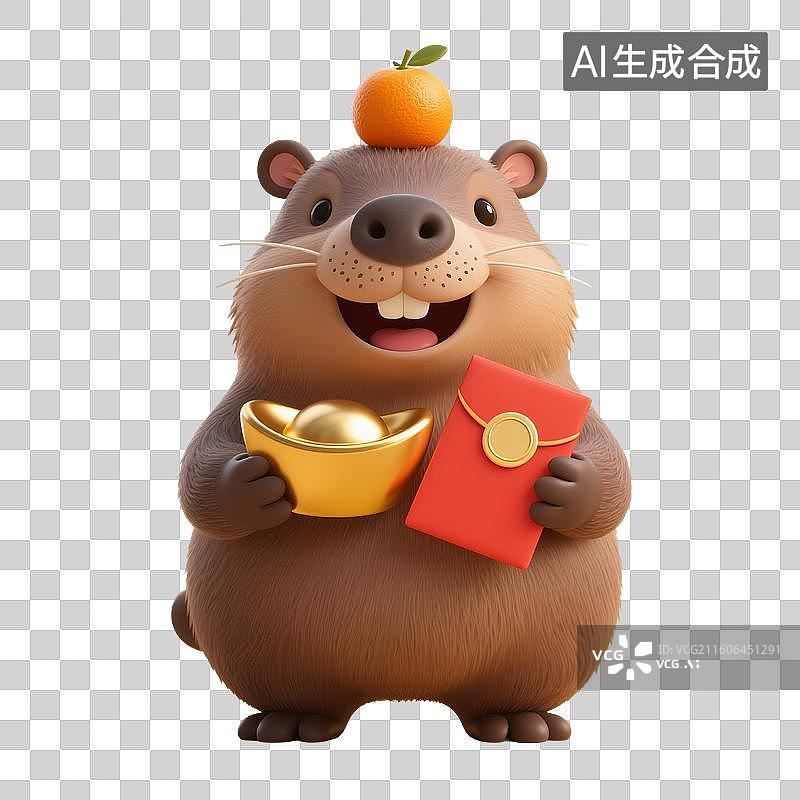 【AI数字艺术】3D渲染卡通动物，水豚，卡皮巴拉，拿着红包和金元宝，赚钱，购物节促销，优惠券，免抠元素图片素材