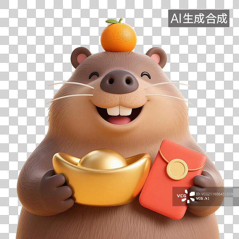 【AI数字艺术】3D渲染卡通动物，水豚，卡皮巴拉，拿着红包和金元宝，赚钱，购物节促销，优惠券，免抠元素图片素材