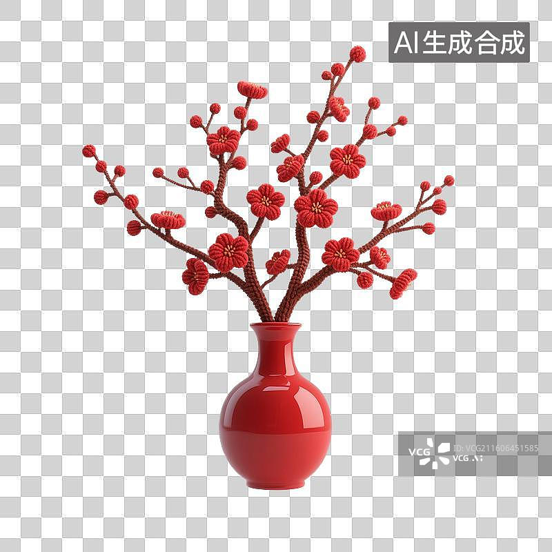 【AI数字艺术】3D渲染，针织中国风红色梅花，梅花，春节，新年，元宵节，中秋节，国庆节，插花，免抠元素图片素材