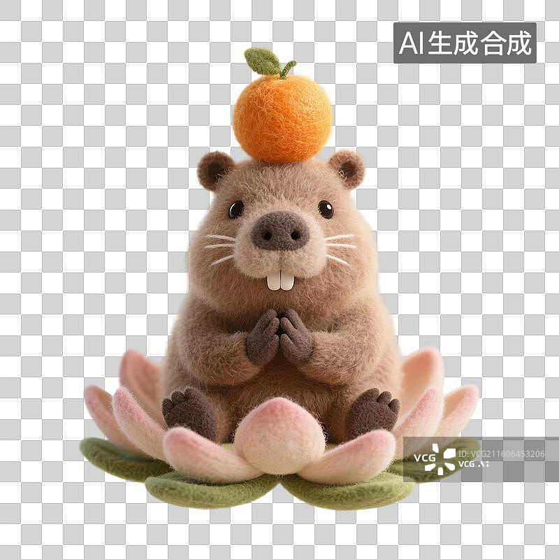 【AI数字艺术】3D渲染卡通动物，羊毛毡质感，坐在荷花上的水豚，好事连连，许愿，祝福，免抠元素图片素材