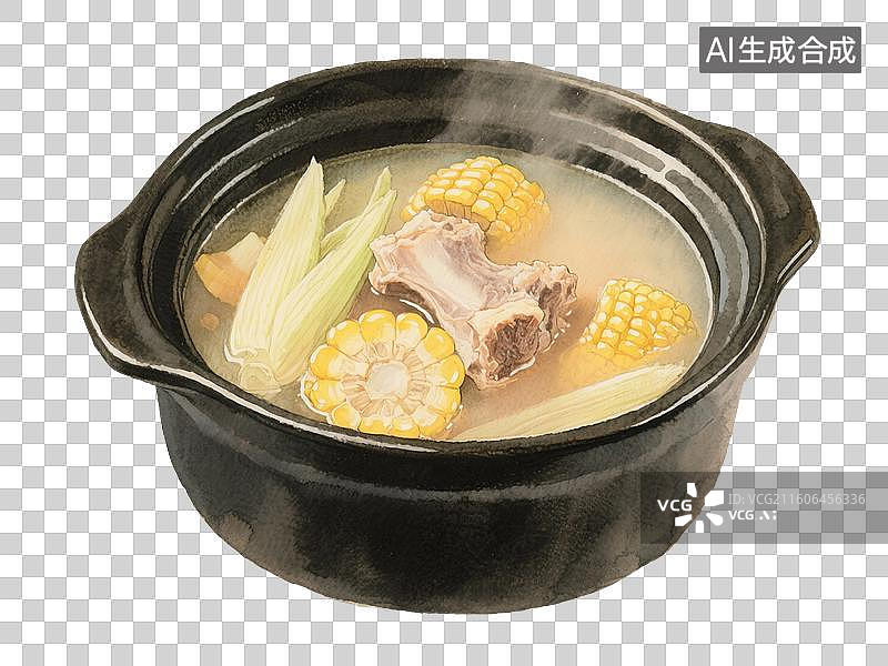 【AI数字艺术】国风手绘插画，肉汤，砂锅煲汤，高汤，骨头汤，羊肉汤，免抠元素图片素材