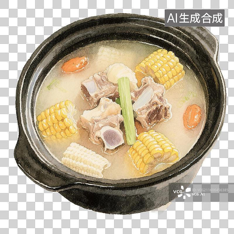 【AI数字艺术】国风手绘插画，肉汤，砂锅煲汤，高汤，骨头汤，羊肉汤，免抠元素图片素材