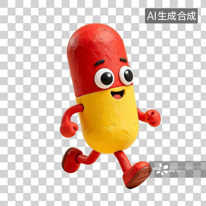 【AI数字艺术】3D渲染，粘土风格，可爱的卡通拟人胶囊，药丸，医院医疗医药安全，免抠元素图片素材