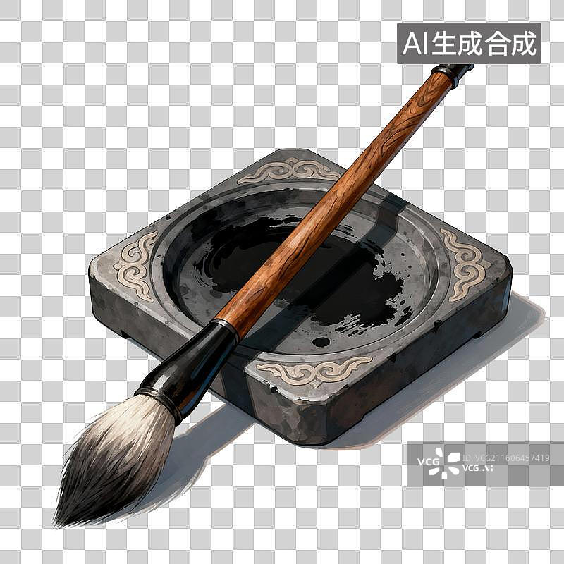 【AI数字艺术】国风手绘插画，文房四宝，砚台，端砚，歙砚，书法，毛笔，免抠元素图片素材