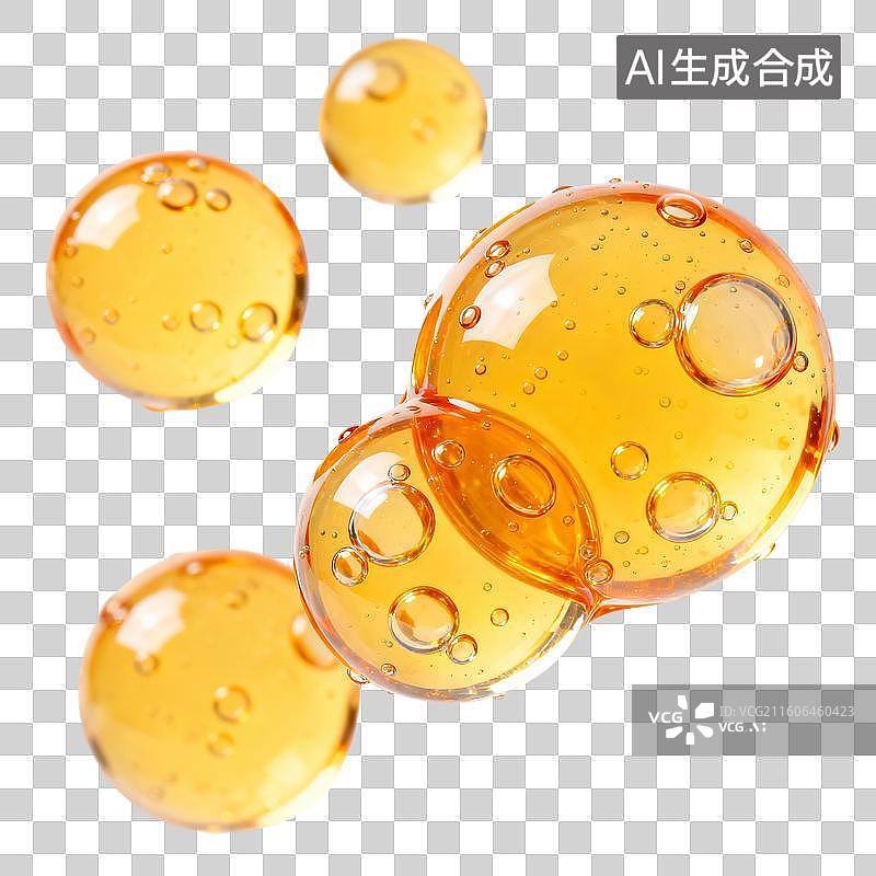 【AI数字艺术】3D渲染，橙色气泡，泡泡，细胞，水滴，化学分子结构，精华液，美妆，精油，免抠元素图片素材