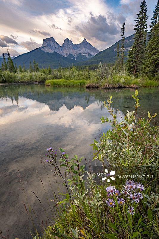 加拿大Canmore镇三姐妹峰下，湖泊如镜映山景，湖畔花朵点缀自然之美。图片素材