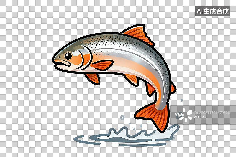 【AI数字艺术】卡通风格，跃出水面的三文鱼PNG格式的免扣元素图片素材