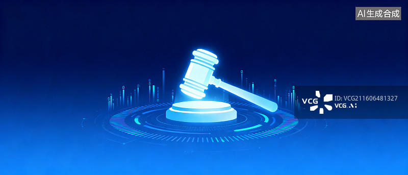 【AI数字艺术】科技感法槌与数据波纹图片素材