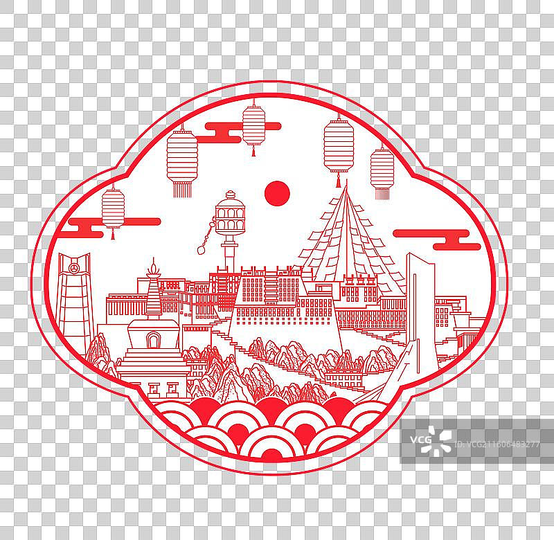 西藏红色传统工艺刻纸剪纸文化新年灯笼城市图片素材