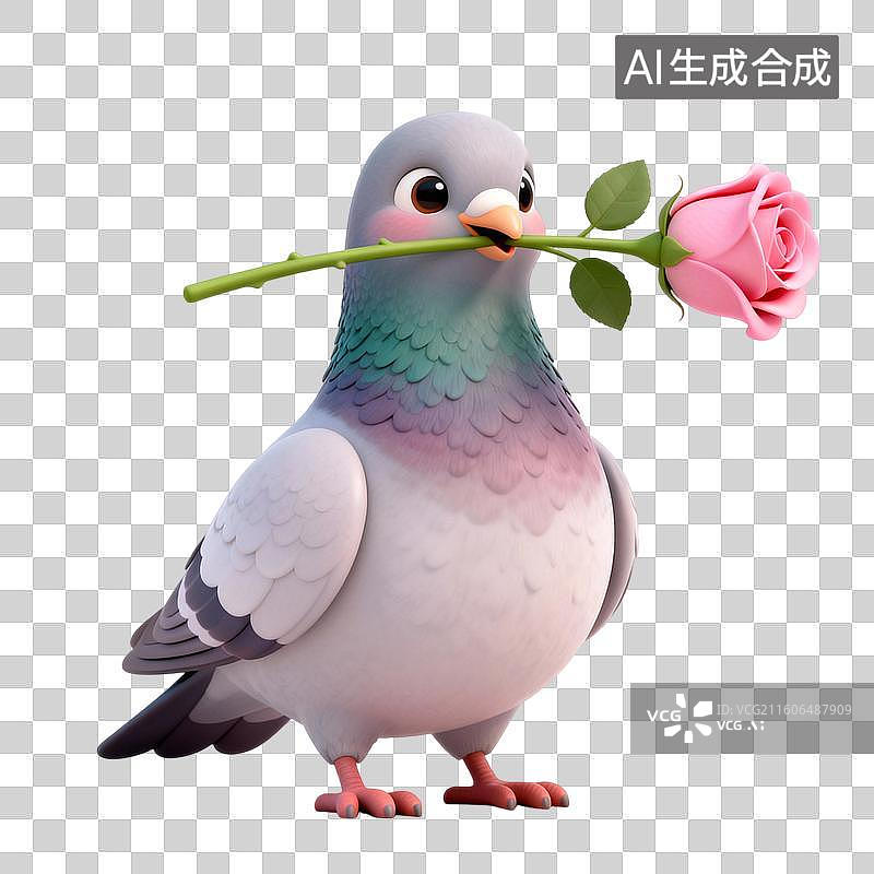 【AI数字艺术】叼着玫瑰花的鸽子 婚恋主题创意插画图片素材