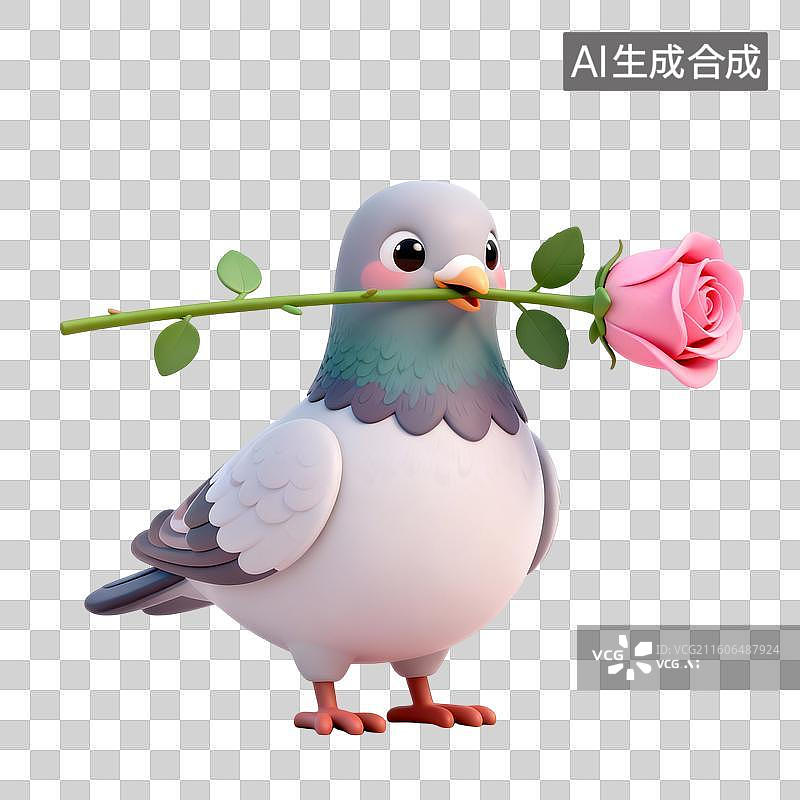 【AI数字艺术】叼着玫瑰花的鸽子 婚恋主题创意插画图片素材