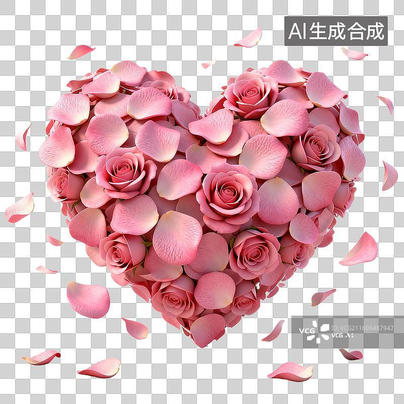 【AI数字艺术】由粉色玫瑰花瓣组成的心 婚恋主题创意插画图片素材