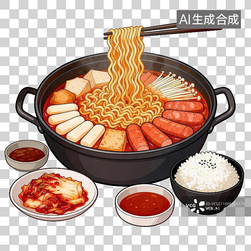 【AI数字艺术】美味韩式火锅配面条香肠图片素材