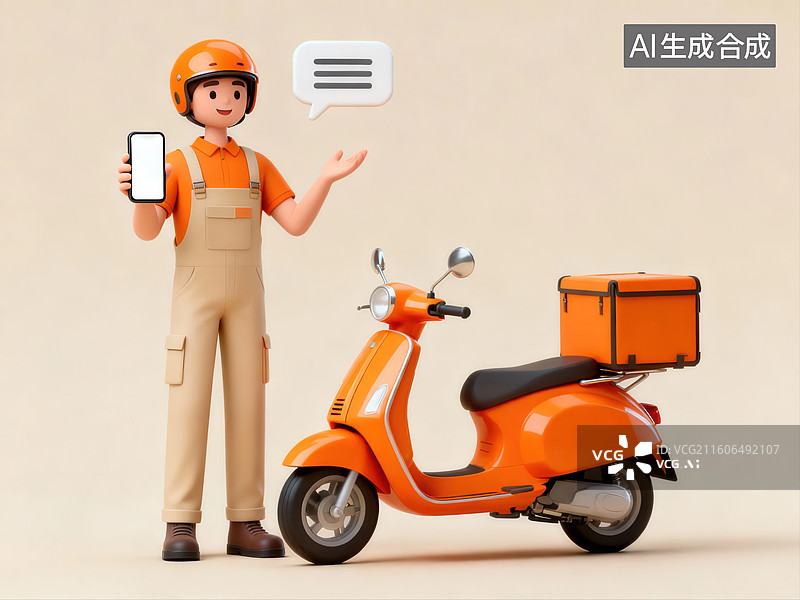 【AI数字艺术】快递员手持手机与橙色电动车图片素材