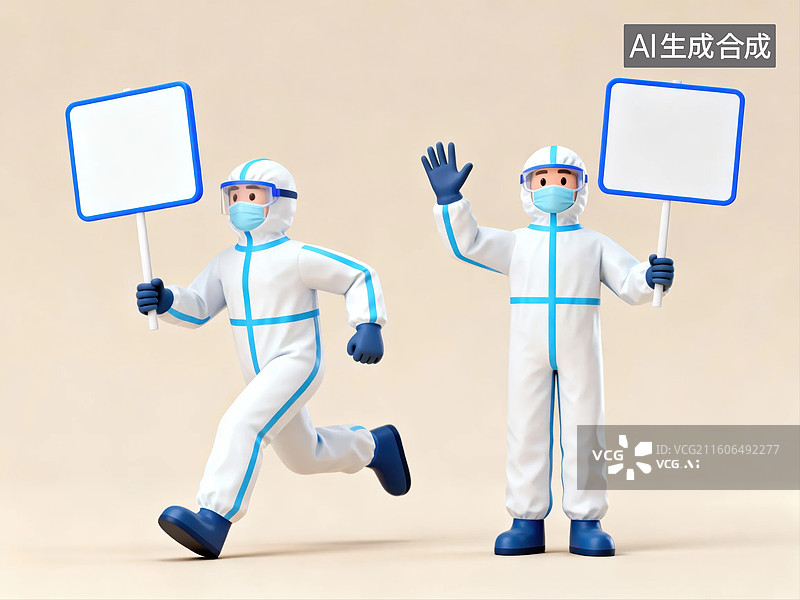 【AI数字艺术】穿防护服人员举牌奔跑图片素材