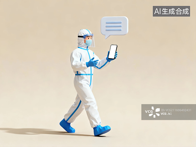 【AI数字艺术】穿防护服人员手持手机行走图片素材