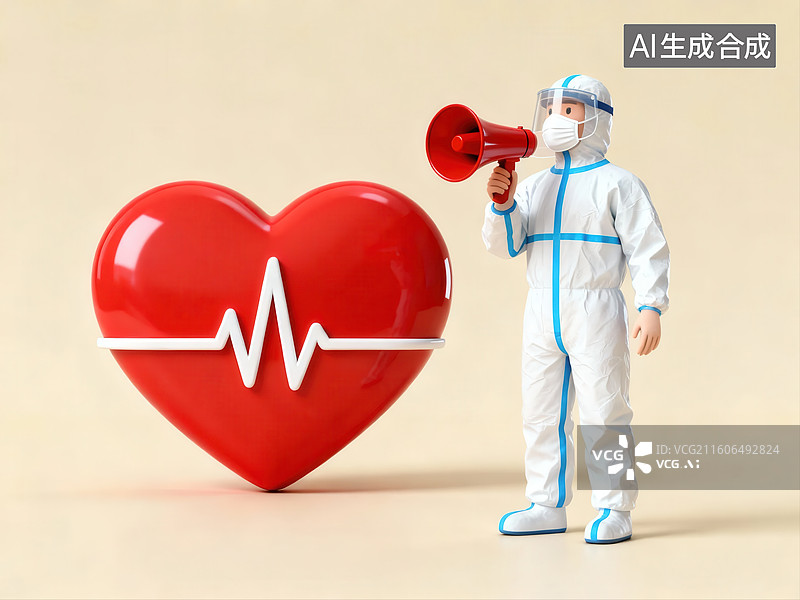 【AI数字艺术】医护人员手持扩音器旁的红色心跳心形图片素材