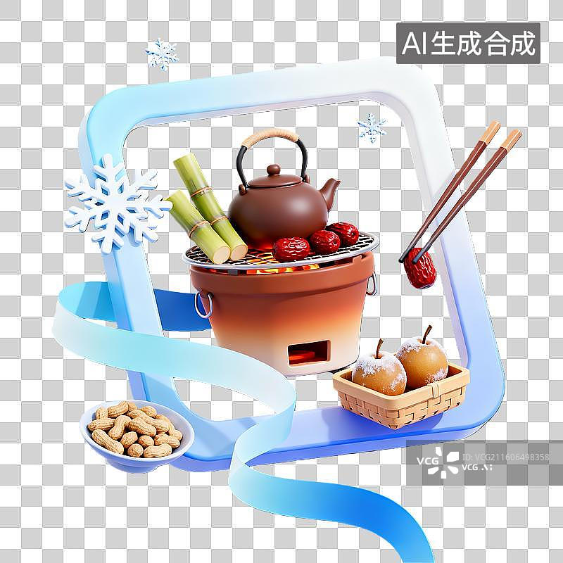 【AI数字艺术】3d粘土卡通二十四节气立冬围炉煮茶蓝白装饰边框元素图片素材