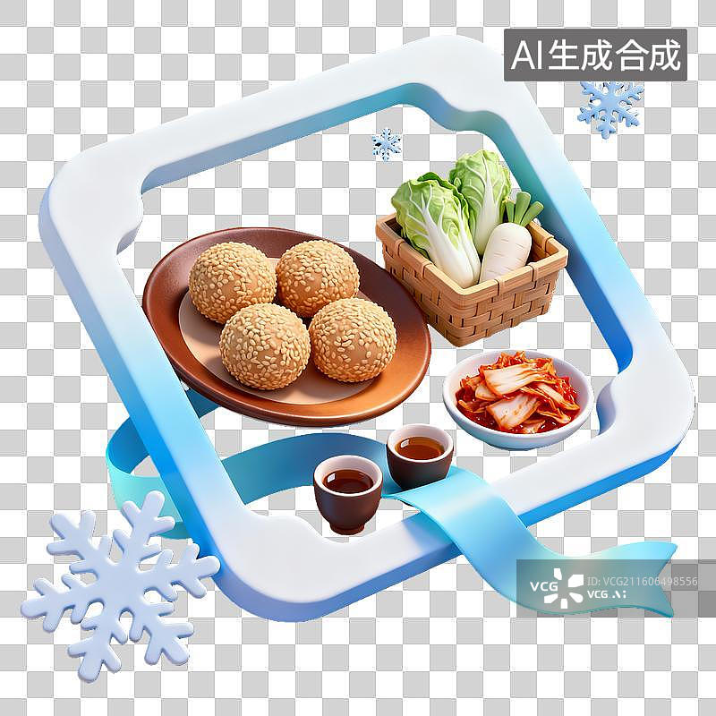 【AI数字艺术】3d粘土卡通二十四节气立冬麻薯泡菜蓝白装饰边框元素图片素材