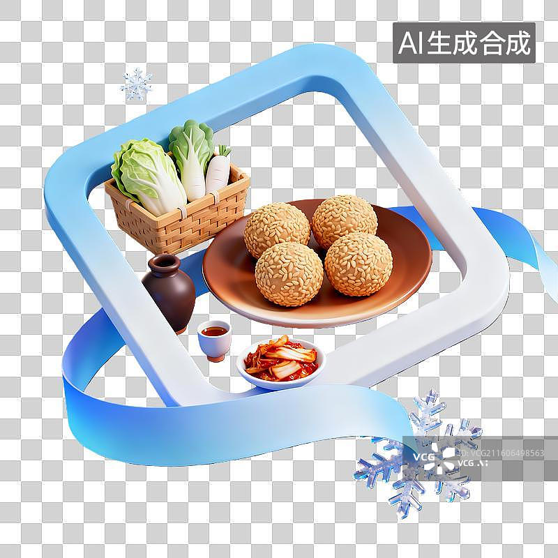 【AI数字艺术】3d粘土卡通二十四节气立冬麻薯泡菜蓝白装饰边框元素图片素材