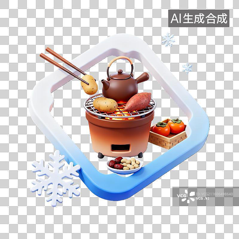 【AI数字艺术】3d粘土卡通二十四节气立冬围炉煮茶蓝白装饰边框元素图片素材