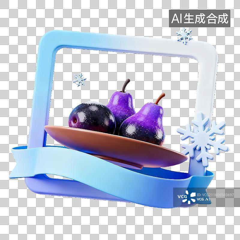 【AI数字艺术】3d粘土卡通二十四节气小寒大寒冻梨蓝白装饰边框元素图片素材