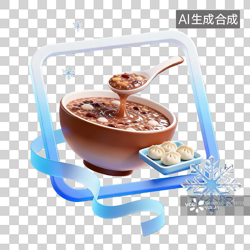 【AI数字艺术】3d粘土卡通二十四节气小寒大寒八宝粥蓝白装饰边框元素图片素材