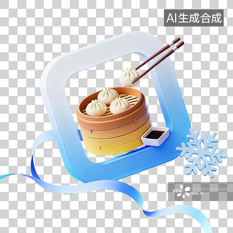 【AI数字艺术】3d粘土卡通二十四节气小寒大寒小笼包蓝白装饰边框元素图片素材