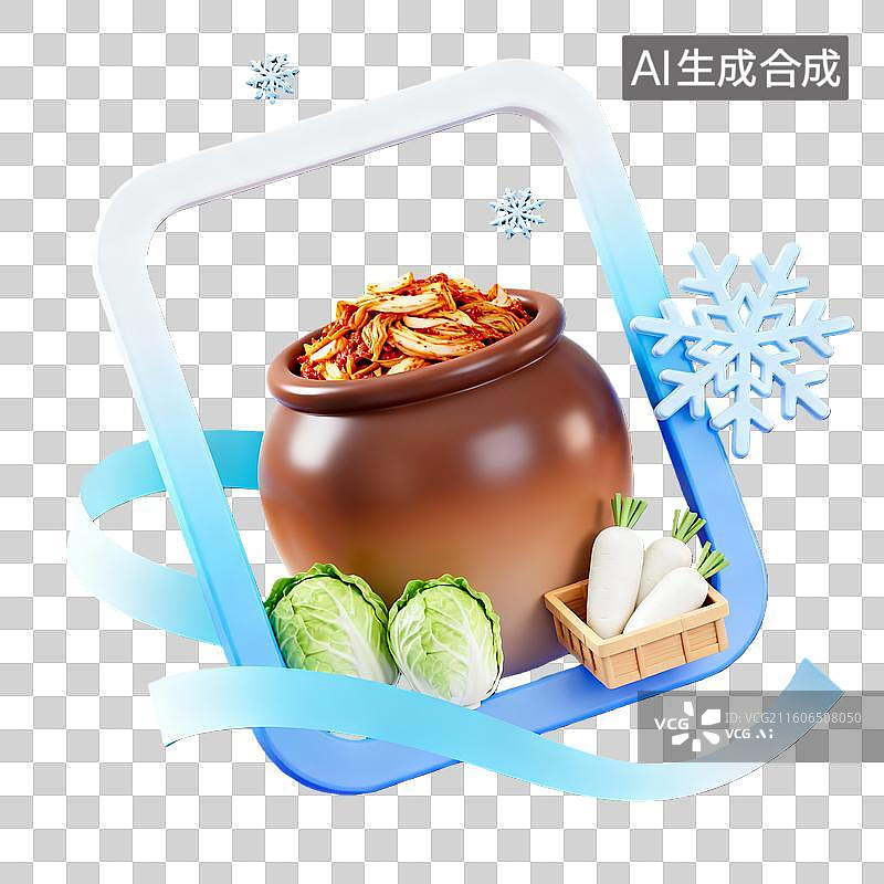 【AI数字艺术】3d卡通粘土二十四节气小雪泡菜蓝白色装饰边框元素图片素材