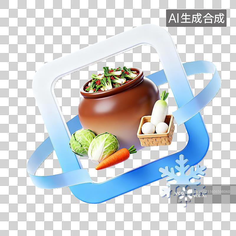 【AI数字艺术】3d卡通粘土二十四节气小雪泡菜蓝白色装饰边框元素图片素材