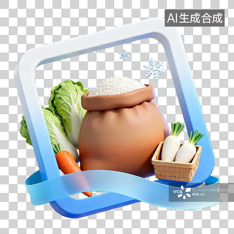 【AI数字艺术】3d卡通粘土二十四节气小雪过冬蔬菜蓝白色装饰边框元素图片素材