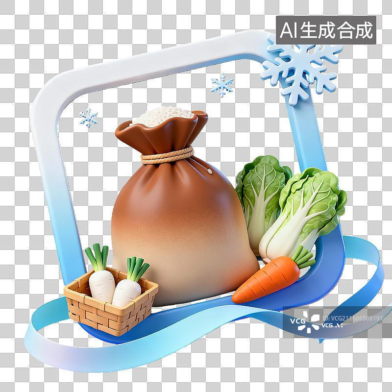 【AI数字艺术】3d卡通粘土二十四节气小雪过冬蔬菜蓝白色装饰边框元素图片素材
