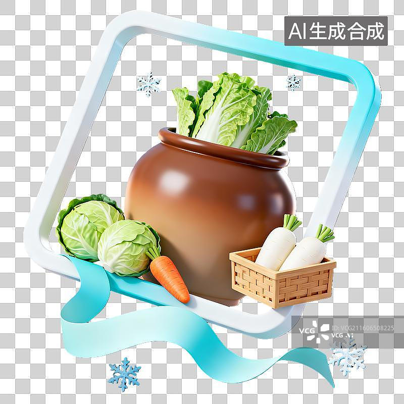 【AI数字艺术】3d卡通粘土二十四节气小雪过冬蔬菜蓝白色装饰边框元素图片素材