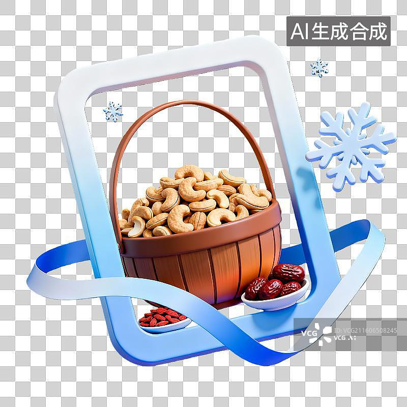 【AI数字艺术】3d卡通粘土二十四节气小雪腰果枸杞蓝白色装饰边框元素图片素材