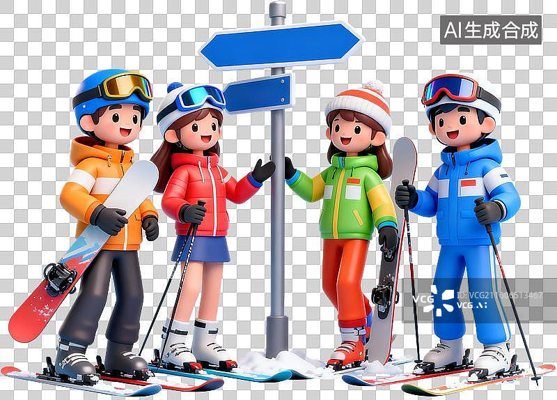 【AI数字艺术】卡通3D立体渲染插画冬天冰雪节滑雪人物冰摩天轮插画元素免抠图形图片素材