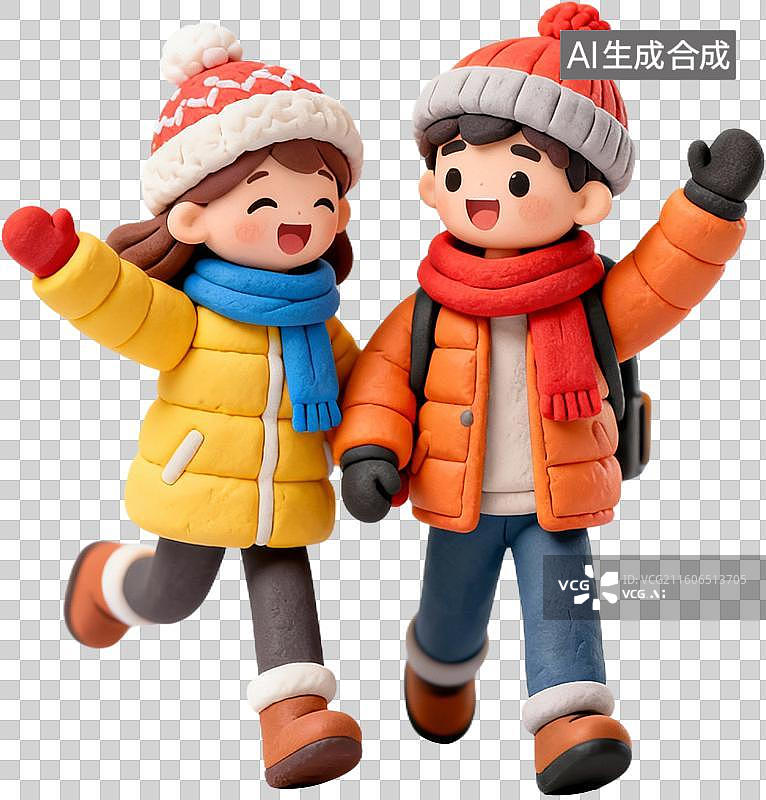 【AI数字艺术】卡通3D立体粘土风格插画冬天冰雪节滑雪人物冰摩天轮插画元素免抠图形图片素材